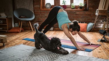 Frau macht Yoga-Übung, Hund macht mit - Foto: iStock/hobo_018