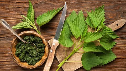 Brennnessel auf einem Brett und daneben ein Messer und Brennnesselpesto - Foto: iStock/dulezidar