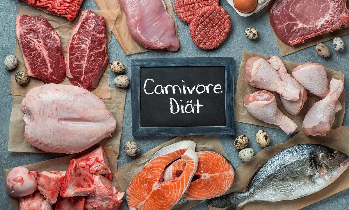 Verschiedene Fleischsorten auf einem Tisch, mit einem Schild, auf dem Carnivore Diät steht