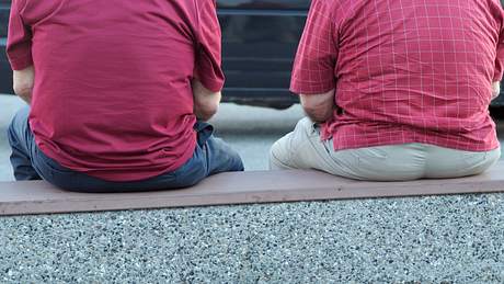 Zwei übergewichtige Männer sitzt auf einer Bank - Foto: iStock / Lisa-Blue
