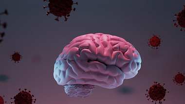 Bild eines Gehirns mit roten Coronaviren - Foto:  iStock/D3signAllTheThings