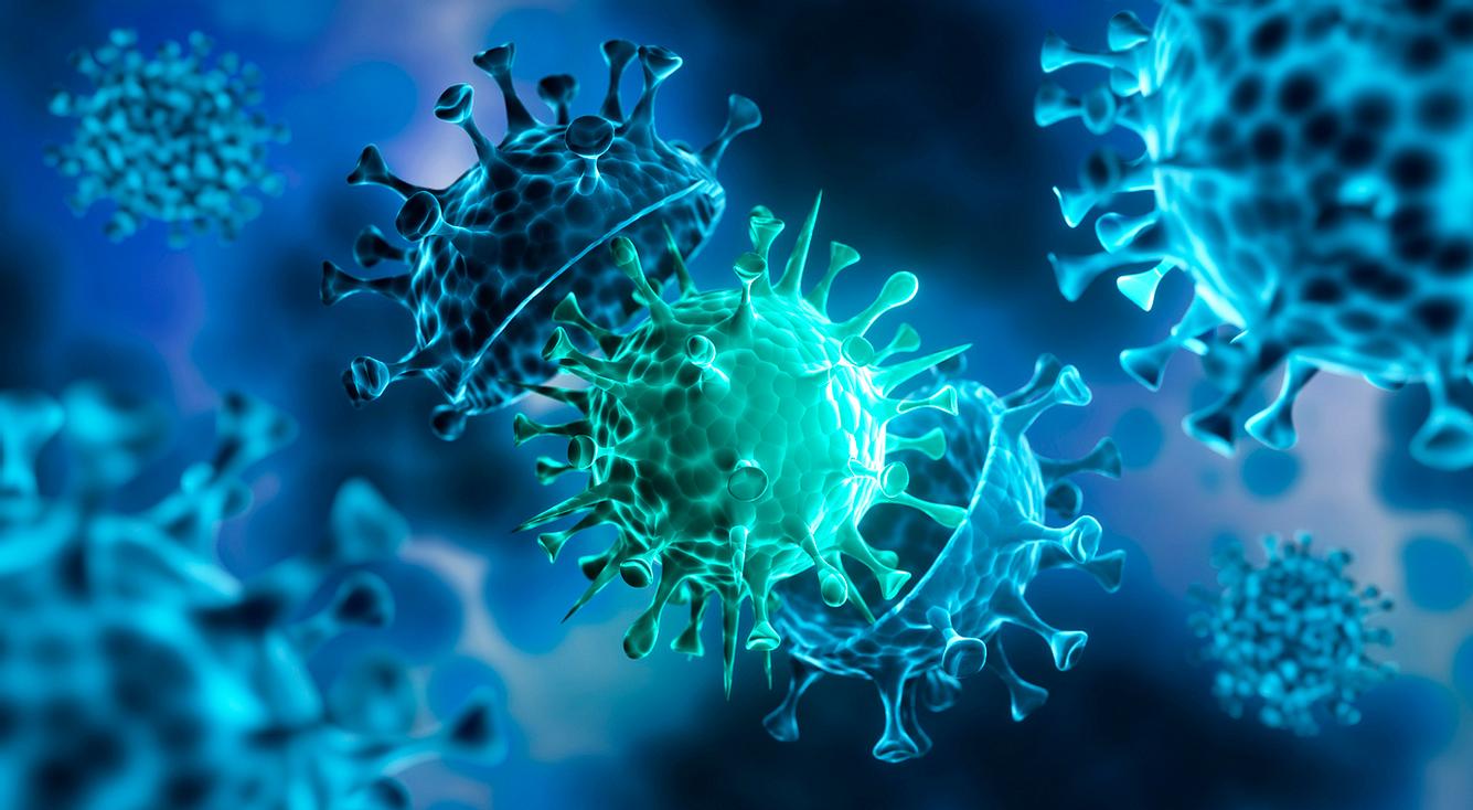 Illustration eines mutierten Corona-Virus in Blau-Grün