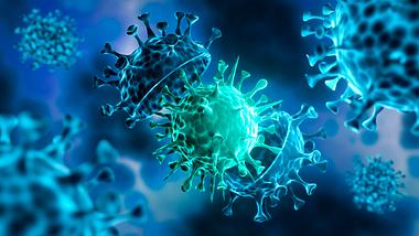 Illustration eines mutierten Corona-Virus in Blau-Grün - Foto: iStock/peterschreiber.media