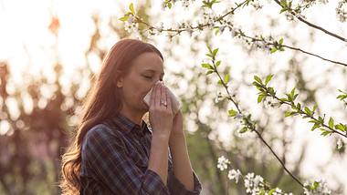 Junge Frau neben blühenden Baumzweigen niest in ein Taschentuch - Foto: iStock/Jevtic