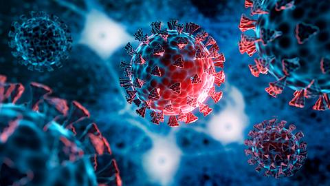 Illustration einer Coronavirus-Mutation in Rot und Blau - Foto: istock/peterschreiber.media