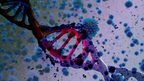 DNA-Strang und Coronavirus-Mutationen in Blau und Rot - Foto: istock/4X-image