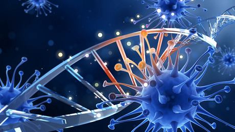 Blaue Coronaviren und ein DNA-Strang - Foto: iStock/youssouf mokaddem