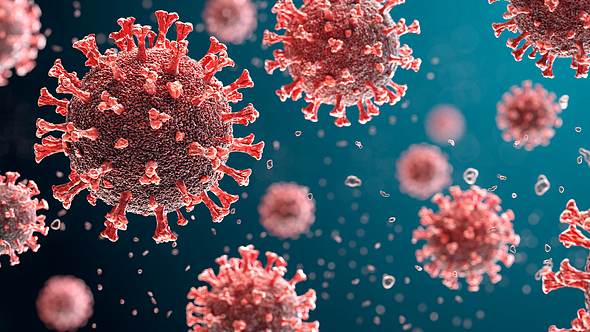 Rote Coronaviren vor blauem Hintergrund - Foto: iStock/VisualArtLab