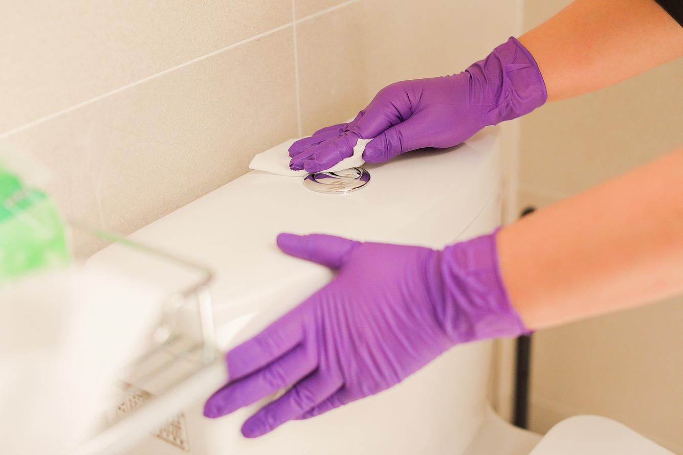Frauenhände mit lila Handschuhen putzen den WC Spülkasten von außen