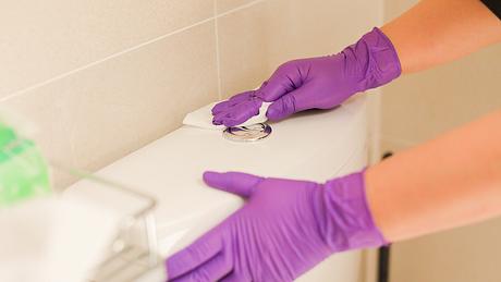 Frauenhände mit lila Handschuhen putzen den WC Spülkasten von außen - Foto: iStock/bernie_photo