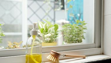 SGelbes Spülmittel in einer Spenderflasche auf einer Fensterbank, daneben eine Spülbürste - Foto: istock / DragonImages