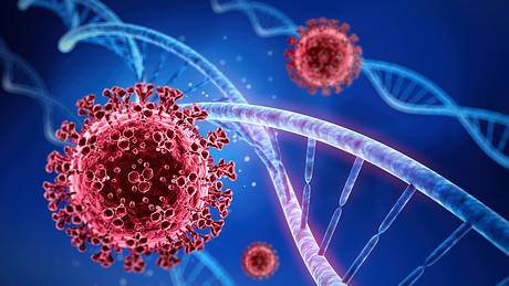 RCoronavirus in Rot und DNA-Illustration vor blauem Hintergrund - Foto: istock/peterschreiber.media
