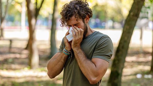 Mann mit Wegerich-Allergie befindet sich in der Natur und niest in ein Taschentuch - Foto: iStock/ProfessionalStudioImages
