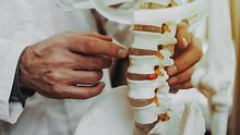 Ein Arzt zeigt auf einem Skelett auf die Wirbelsäule.  - Foto: iStock / Oleh Veres